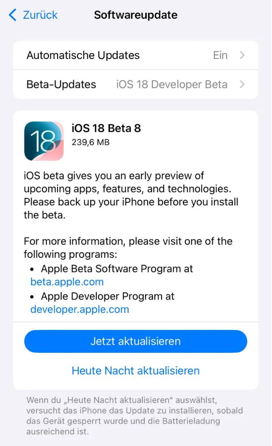 永泰苹果手机维修分享苹果 iOS / iPadOS 18 开发者预览版 Beta 8 发布 